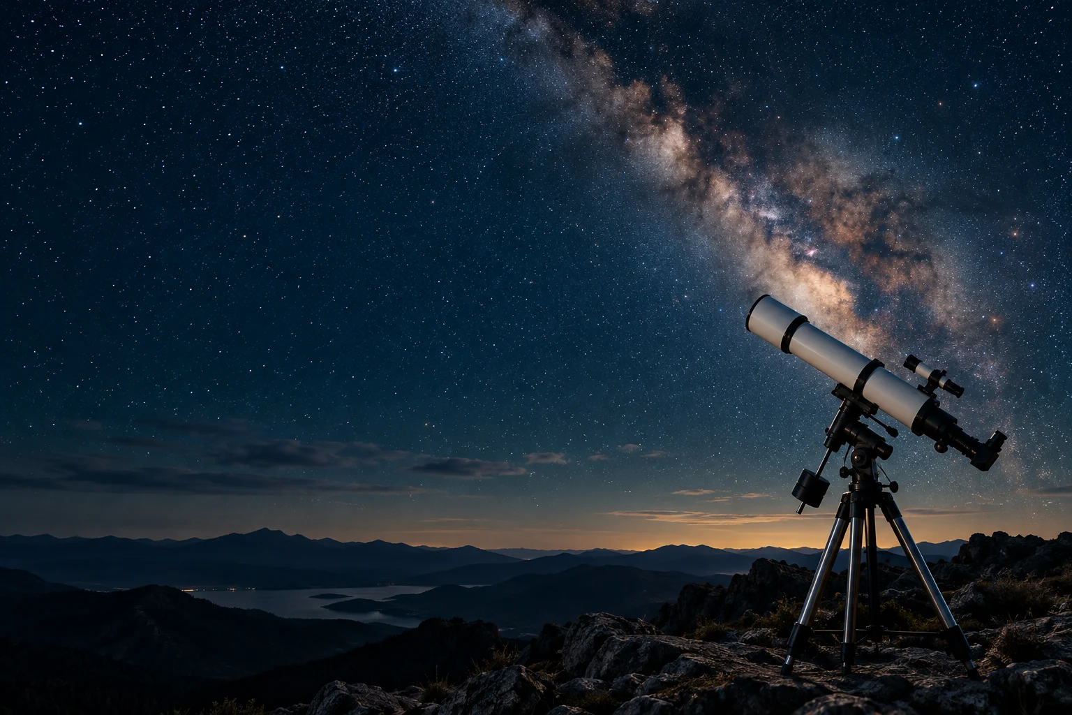 Yıldızlı gökyüzü altında teleskop; temsili astronomi görseli